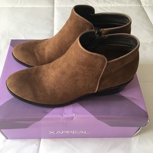 Brown Faux Suede Zip Up Ankle Boots, Neutral Ankle Booties with Low Heel, Size 8